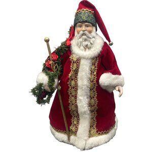 Christmas Santa tree toper staff lace red green porcelain garland bell 13.5 READ
